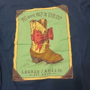 Lauren James Southern Comforts T-Shirt Womens S Blue Long Sleeve Crew Neck Boots